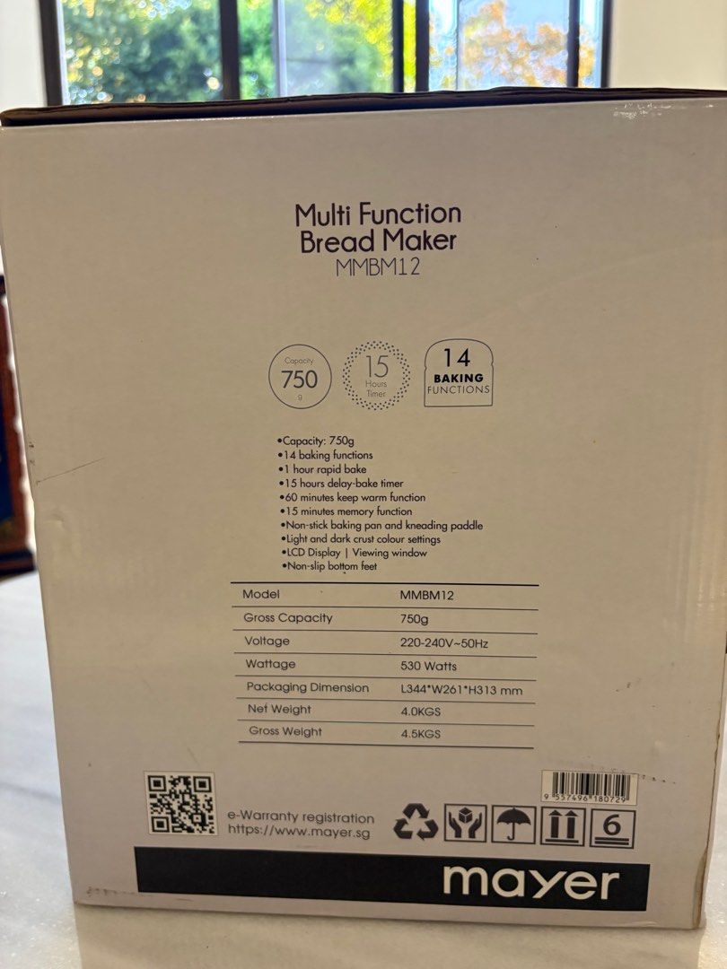 Mayer Multi Function Bread Maker MMBM12 (Category: Breadmakers) located in Singapore. Submitted by happymountain-d7ee (Listing ID 1405820226, Image 2). Description: - Brand new Mayer Multi Function Bread Maker - 14 baking functions - 15 preset programs - 1-hour rapid bake option - Viewing window - Non-stick baking pan - Perfect for homemade bread!.