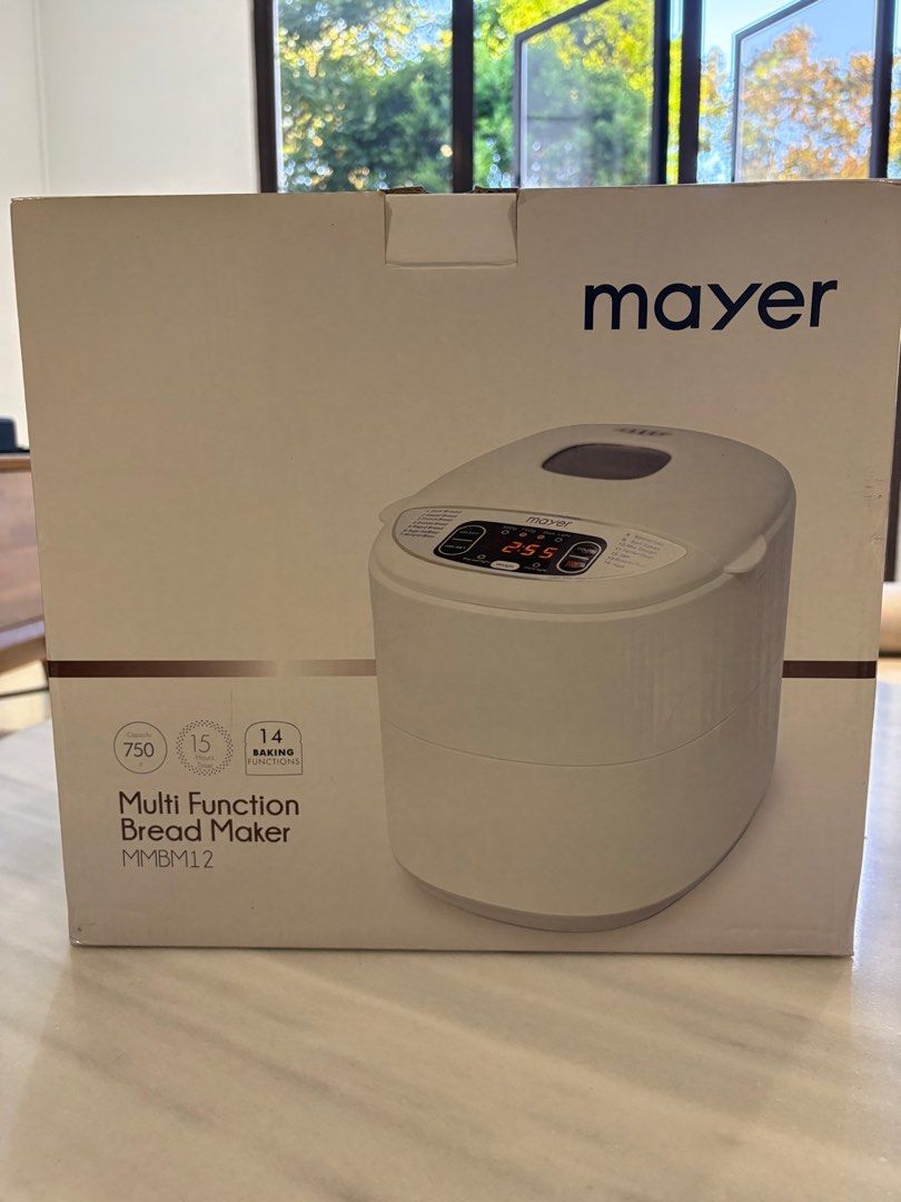 Mayer Multi Function Bread Maker MMBM12 (Category: Breadmakers) located in Singapore. Submitted by happymountain-d7ee (Listing ID 1405820226, Image 1). Description: - Brand new Mayer Multi Function Bread Maker - 14 baking functions - 15 preset programs - 1-hour rapid bake option - Viewing window - Non-stick baking pan - Perfect for homemade bread!.
