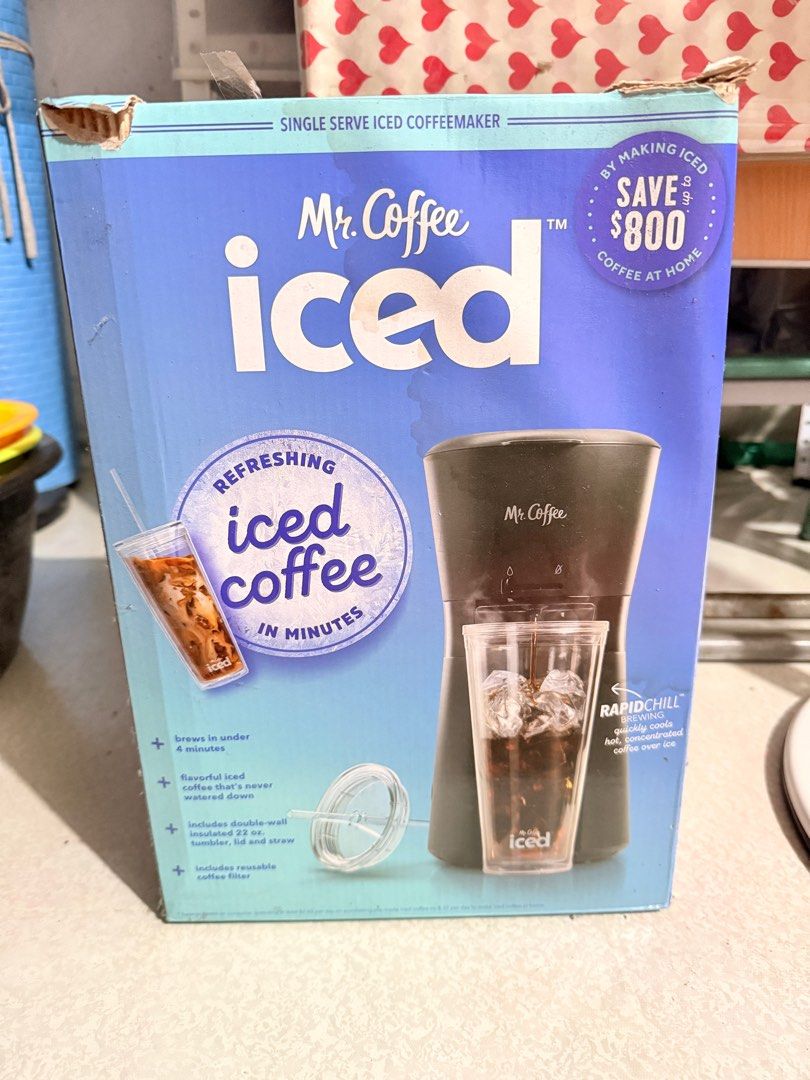 Mr. Coffee Iced Coffee Maker (Category: Coffee Machines & Makers) located in San Pablo. Submitted by dtanne (Listing ID 1405892260, Image 1). Description: - Brews iced coffee in under 4 minutes. - Includes reusable double-wall tumbler, lid, and straw. - Features RapidChill technology for quick cooling. - Easy and convenient way to make iced coffee at home. 110V from US.