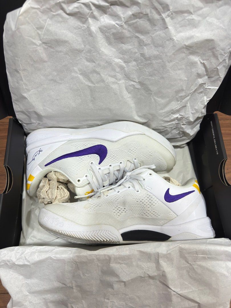 Nike Kobe 8 Protro White Purple Gold (Category: Sneakers) located in Manila. Submitted by janjan_22 (Listing ID 1405758859, Image 1). Description: Kobe 8 Protro White Purple Gold Complete with original box Size 6.5 mens, 8.0 womens Used 3x (mall use only) Excellent condition Slightly negotiable .