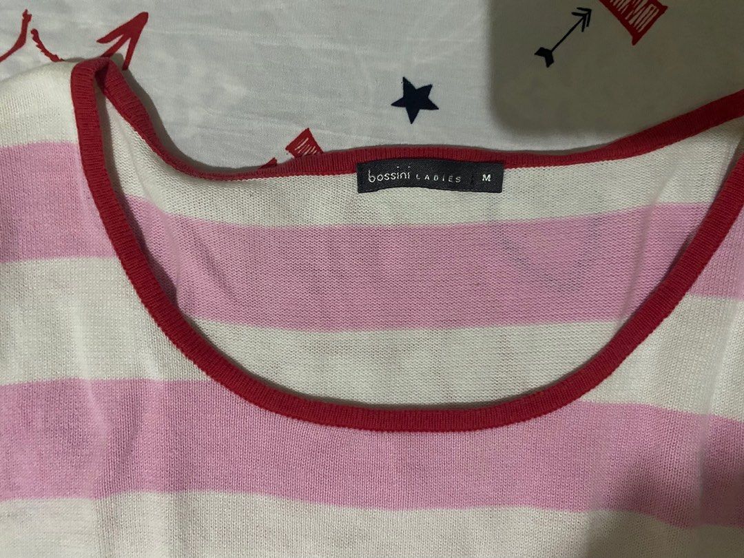 Preloved Bossini Ladies Striped Sweater (Category: Longsleeves) located in Kidapawan. Submitted by thriftfi.t (Listing ID 1405840411, Image 2). Description: - Bossini Ladies sweater - Size: M - Design: Striped (white, pink, red) - Neckline: Round with red trim - Sleeves: Three-quarter - Style: Casual - Great with jeans or skirts MoP: Instapay QR code (to be send by the seller) No COD No cancellations or bogus buyer.