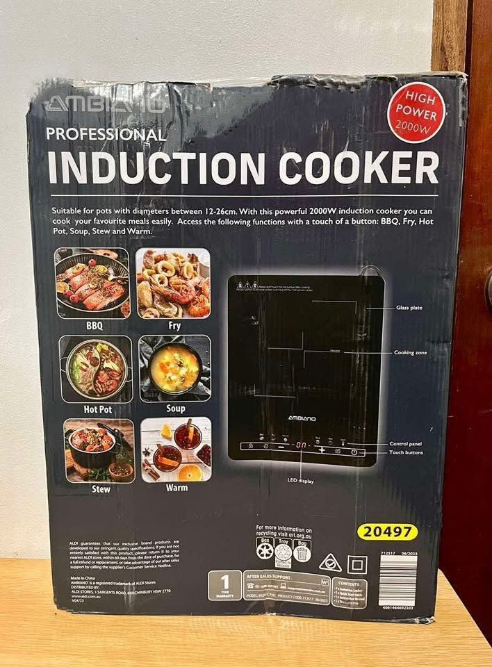 Professional Induction Cooker (Category: Cookers) located in Angono. Submitted by regineraymundo (Listing ID 1405745778, Image 2). Description: FOR SALE!! Ambiano Induction Cooker (Warehouse Display) (Damaged box Only pero brand new po yung item) BAWAL po sa maarte 🙅‍♀️ AMBIANO brand is a trademark of ALDI Inc., from Australia. Details: Brand: Ambiano Model: WUN-ICP-01 Color: Black Voltage: 220V Power: 2000W ▶️LED Display ▶️ 120 Mins. Auto Off ▶