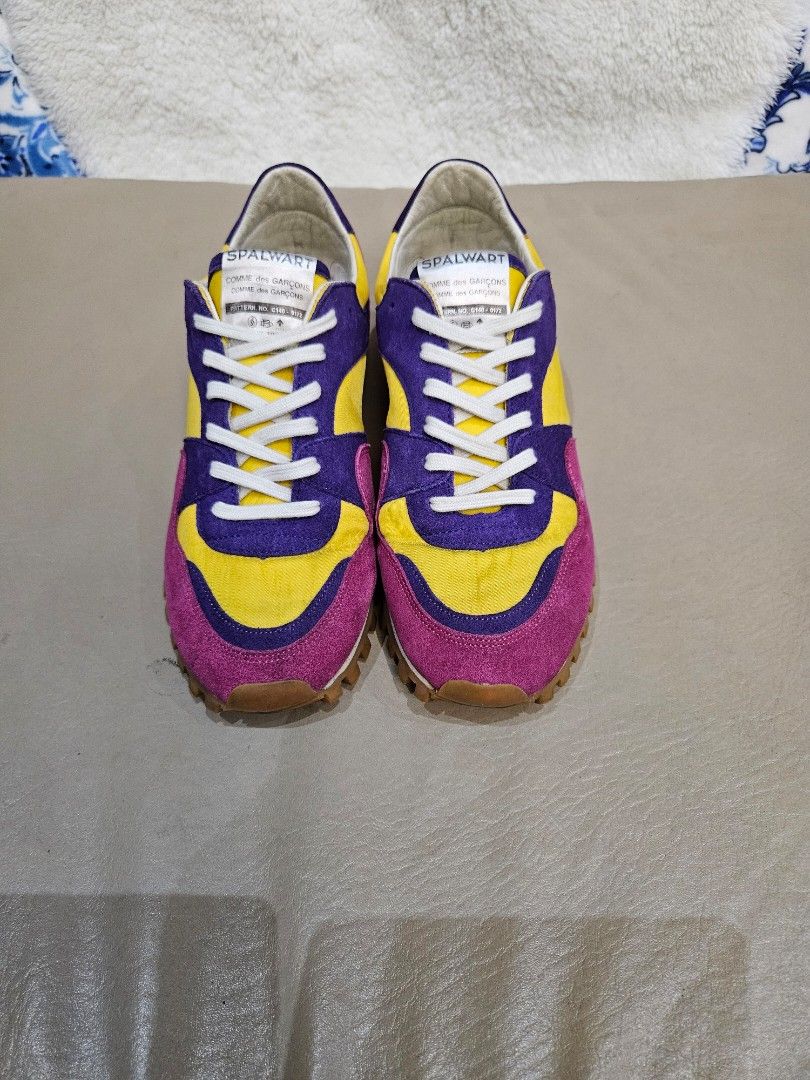 Spalwart x Comme des Garcons Sneakers (Category: Sneakers) located in Manila. Submitted by inlababoqueen (Listing ID 1405796732, Image 1). Description: Comme des Garçons x Spalwart Marathon Trail Low sneaker in a yellow, purple, and pink colorway. Size: 8 RFS: Decluttering.