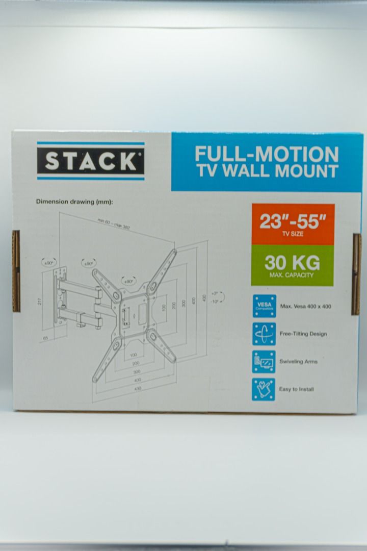 Stack Full-Motion TV Wall Mount LPA68-443 (Category: TV Parts & Accessories) located in Silang. Submitted by melstore (Listing ID 1405850377, Image 2). Description: Stack full-motion TV wall mount is designed for 23"-55" TVs and can support a maximum weight of 30 KG. Features include a free-tilting design and swiveling arms for optimal viewing angles. It supports VESA Max 400 x 400. Easy to install..