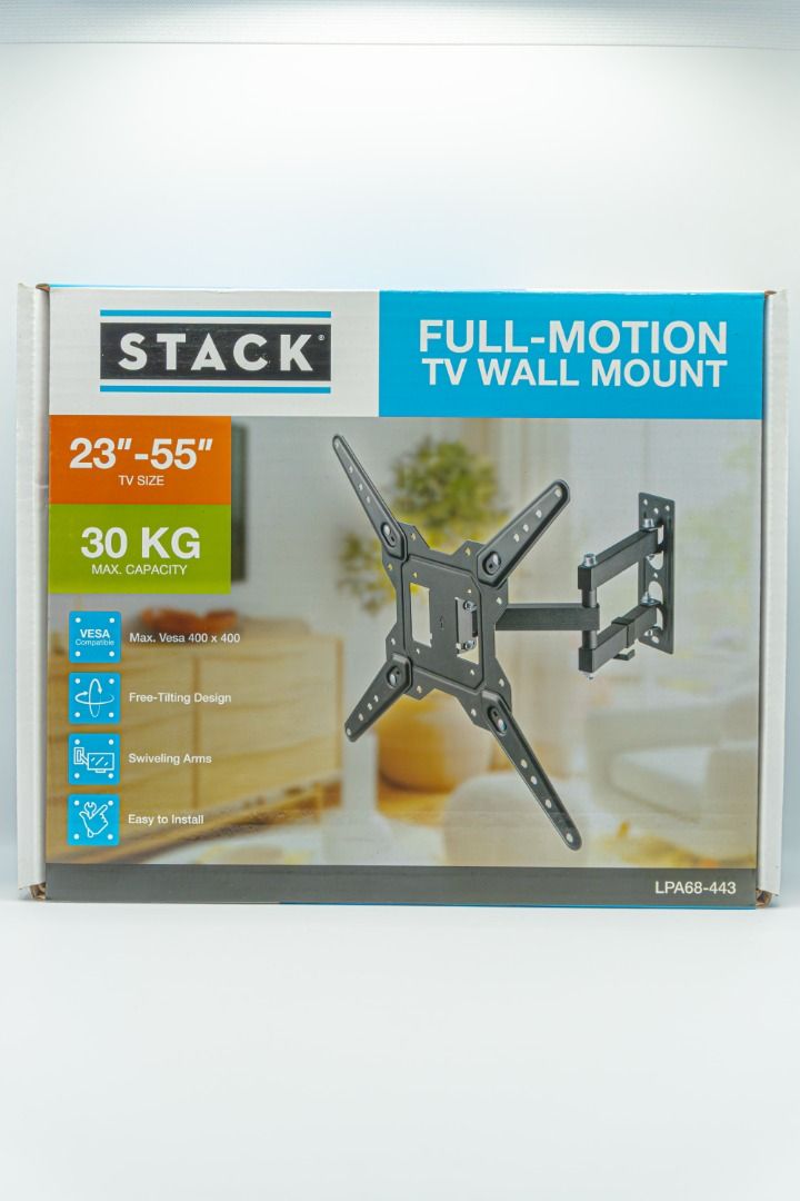 Stack Full-Motion TV Wall Mount LPA68-443 (Category: TV Parts & Accessories) located in Silang. Submitted by melstore (Listing ID 1405850377, Image 1). Description: Stack full-motion TV wall mount is designed for 23"-55" TVs and can support a maximum weight of 30 KG. Features include a free-tilting design and swiveling arms for optimal viewing angles. It supports VESA Max 400 x 400. Easy to install..