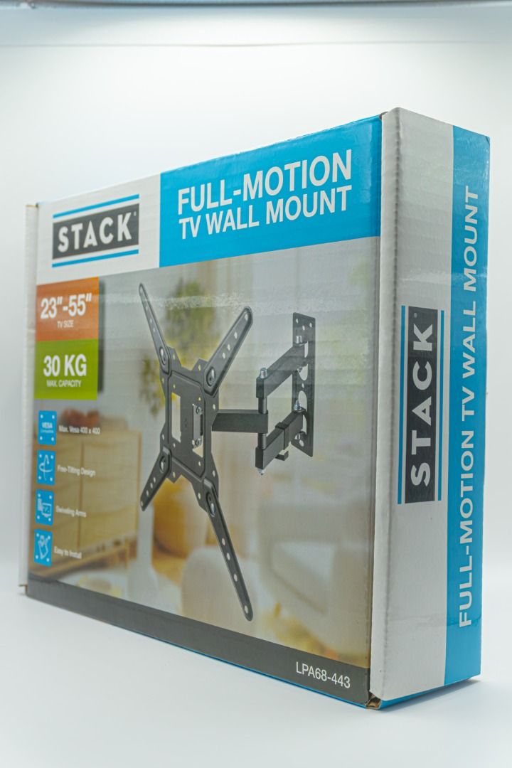 Stack Full-Motion TV Wall Mount LPA68-443 (Category: TV Parts & Accessories) located in Silang. Submitted by melstore (Listing ID 1405850377, Image 3). Description: Stack full-motion TV wall mount is designed for 23"-55" TVs and can support a maximum weight of 30 KG. Features include a free-tilting design and swiveling arms for optimal viewing angles. It supports VESA Max 400 x 400. Easy to install..