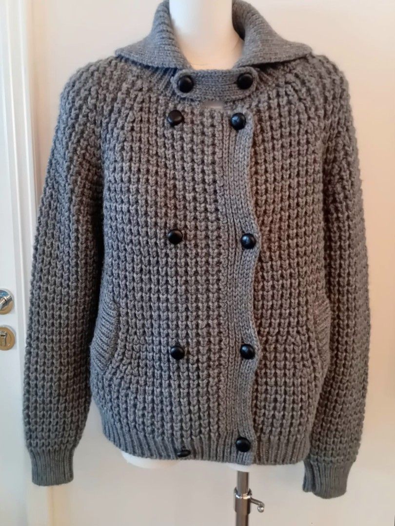 VANESSA BRUNO brand-new ATHÉ Gray Knit Cardigan (M) （分類：外套及戶外衣服）位於 Hong Kong。 由 jrtlover 提交（商品編號 1403115835，圖片 6）。簡介： VANESSA BRUNO brand-new ATHÉ Gray Knit Cardigan (M) - From Rue Madame - Features a unique textured knit design, super stylish - Double-breasted front with black buttons, turtleneck design - Two front pockets - Made of a blend of acrylic, alpaca, and wool - Size M - Brand-new。