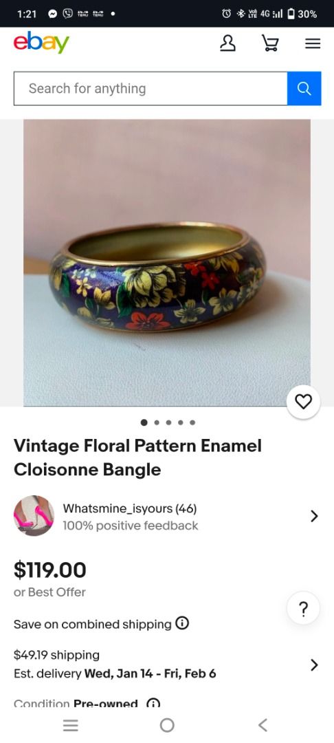 Vintage Floral Bangle (Category: Bracelets) located in Legazpi City. Submitted by roxy420 (Listing ID 1405786530, Image 2). Description: Beautiful vintage bangle with a dark blue base and intricate floral design. The bangle features a gold-colored trim. The floral pattern is in shades of gold and brown. A unique and elegant accessory..