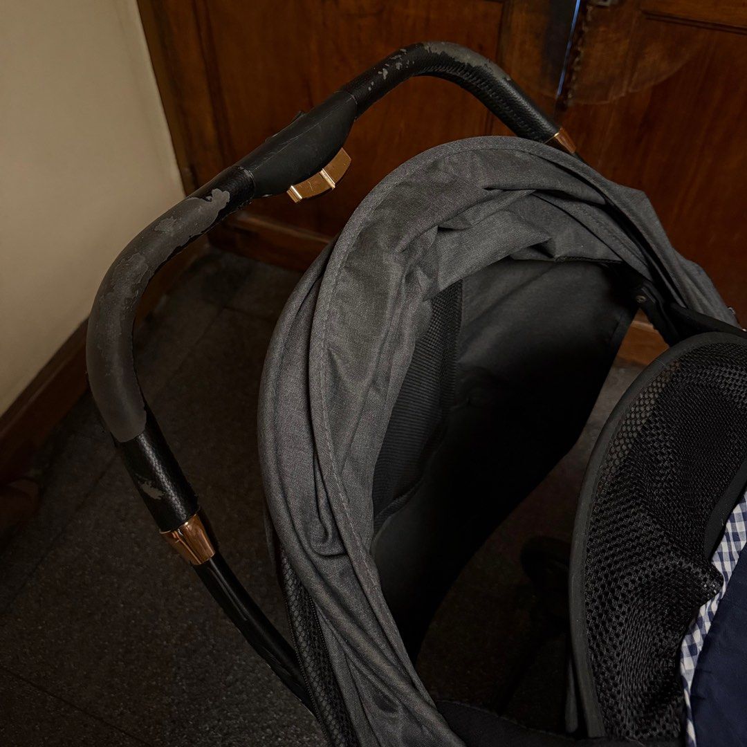 Apruva Clive Stroller (Category: Strollers) located in Manila. Submitted by biancalouiseumali (Listing ID 1406013953, Image 3). Description: Apruva Clive Baby Stroller (with FREE Padded Seat) - Dark grey canopy, black frame - With baby tray - FREE padded seat - Handle shows wear (see photos) - Compact and easy to maneuver.