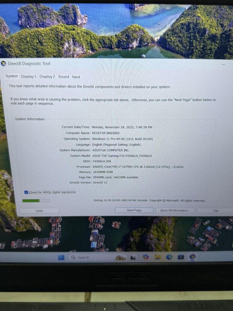 ASUS TUF Gaming Laptop (Category: Laptops & Notebooks) located in Manila. Submitted by lhainelovi71994 (Listing ID 1406049755, Image 3). Description: Asus TUF gaming laptop I7 10th gen Intel UHD Graphics Nvidia GeForce GTX 1650 16gb ram 512gb nvme Windows 11 pro OS Unit with charger Issue: keyboard madami hindi napipindot 💸💸 23,000 manila location.