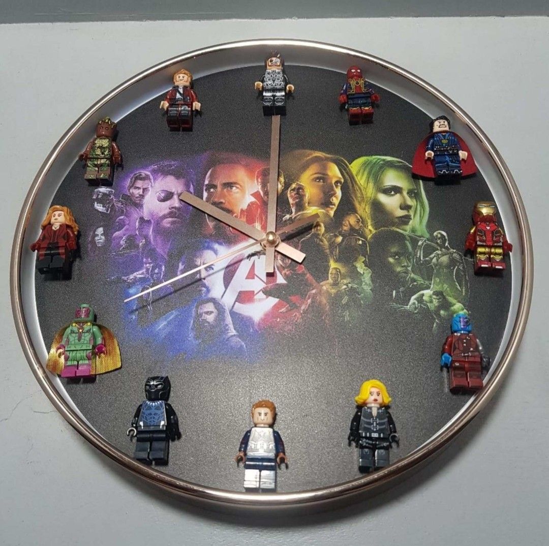 Avengers (2) Customized Minifigure Clock (Category: Clocks) located in Manila. Submitted by skadooshcorner (Listing ID 1405941471, Image 2). Description: Avengers Customized Minifigure Clock Approximately 11.5 inches diameter Includes the following minifigures: 1 o'clock - Spiderman 2 o'clock - Doctor Strange 3 o'clock - Ironman 4 o'clock - Nebula 5 o'clock - Blackwidow 6 o'clock - Captain America 7 o'clock - Black Panther 8 o'clock- Vision 9 o'c