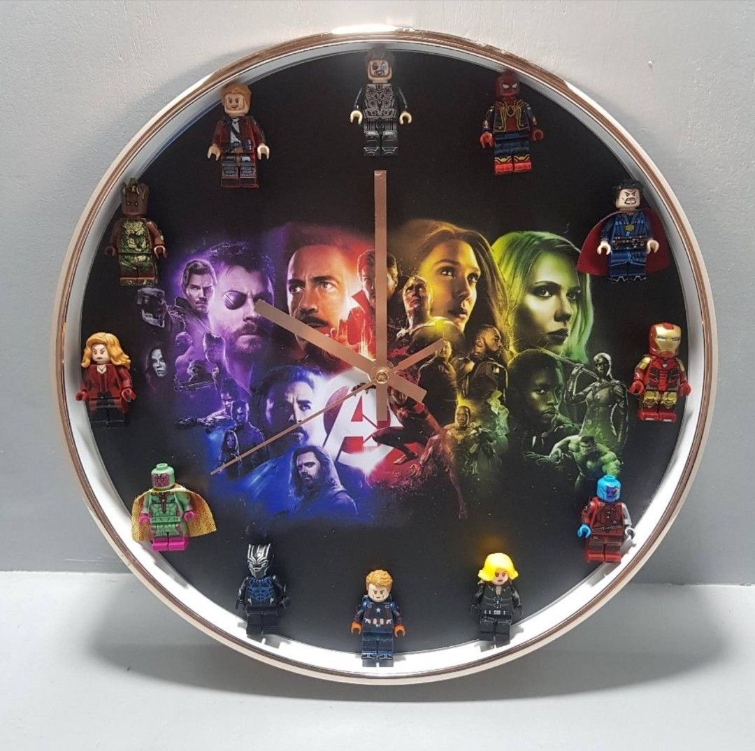 Avengers (2) Customized Minifigure Clock (Category: Clocks) located in Manila. Submitted by skadooshcorner (Listing ID 1405941471, Image 1). Description: Avengers Customized Minifigure Clock Approximately 11.5 inches diameter Includes the following minifigures: 1 o'clock - Spiderman 2 o'clock - Doctor Strange 3 o'clock - Ironman 4 o'clock - Nebula 5 o'clock - Blackwidow 6 o'clock - Captain America 7 o'clock - Black Panther 8 o'clock- Vision 9 o'c