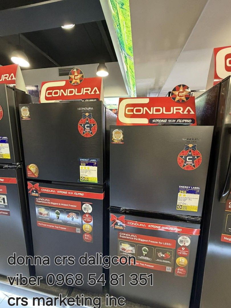 Condura ref (Category: Refrigerators and Freezers) located in Manila. Submitted by donnasagao03665 (Listing ID 1406051486, Image 2). Description: 🟩 CONDURA REFRIGERATOR NO FROST INVERTER REFRIGERATOR / CONDURA PERSONAL REF / CONDURA REF 🟩 TWO DOOR INVERTER 📍 CTF650i 6.3 - 14,200 📍 CTF77i 7.0 - 15,300 📍 CTF83iCG 8.3 - 16,000 📍CTF88i 8.8 - 16,300 📍CTF98i 9.8 - 17,600 📍CTF107i 10.7 - 19,500 PERSONAL REF 📍 CPR90TD WHT 3.1 - 8,900 📍 CPR90TD 