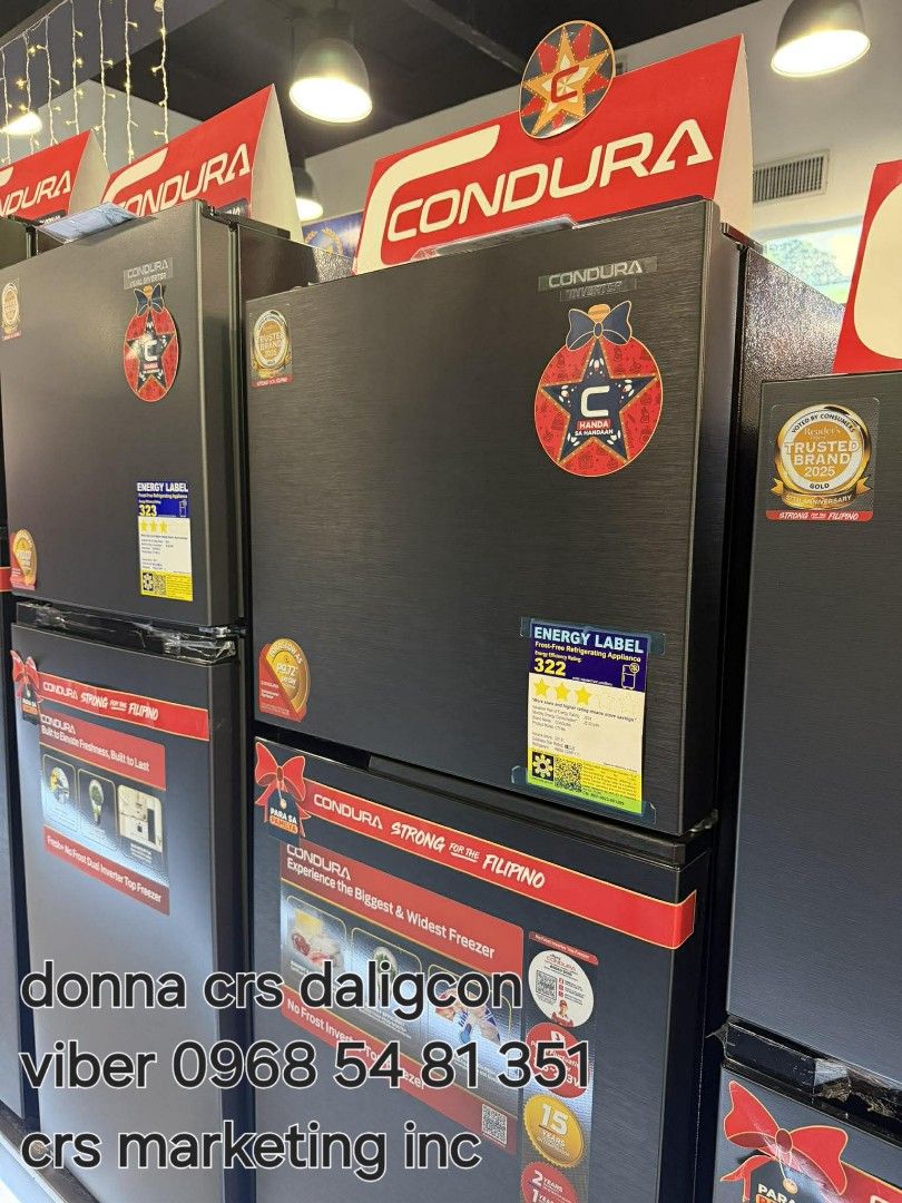 Condura ref (Category: Refrigerators and Freezers) located in Manila. Submitted by donnasagao03665 (Listing ID 1406051486, Image 1). Description: 🟩 CONDURA REFRIGERATOR NO FROST INVERTER REFRIGERATOR / CONDURA PERSONAL REF / CONDURA REF 🟩 TWO DOOR INVERTER 📍 CTF650i 6.3 - 14,200 📍 CTF77i 7.0 - 15,300 📍 CTF83iCG 8.3 - 16,000 📍CTF88i 8.8 - 16,300 📍CTF98i 9.8 - 17,600 📍CTF107i 10.7 - 19,500 PERSONAL REF 📍 CPR90TD WHT 3.1 - 8,900 📍 CPR90TD 