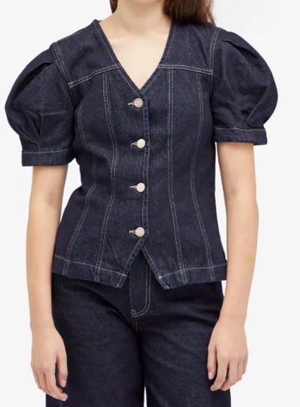 Damson Madder Shell Denim Top - Dark Indigo (Category: Sleeveless) located in Antipolo. Submitted by abc__mart (Listing ID 1406046742, Image 2). Description: - Damson Madder denim top - Dark indigo wash - V-neckline - Puff sleeves - Button-down front - White stitching details - Fitted silhouette - Red embroidered logo on the back - Originally purchased for £80.