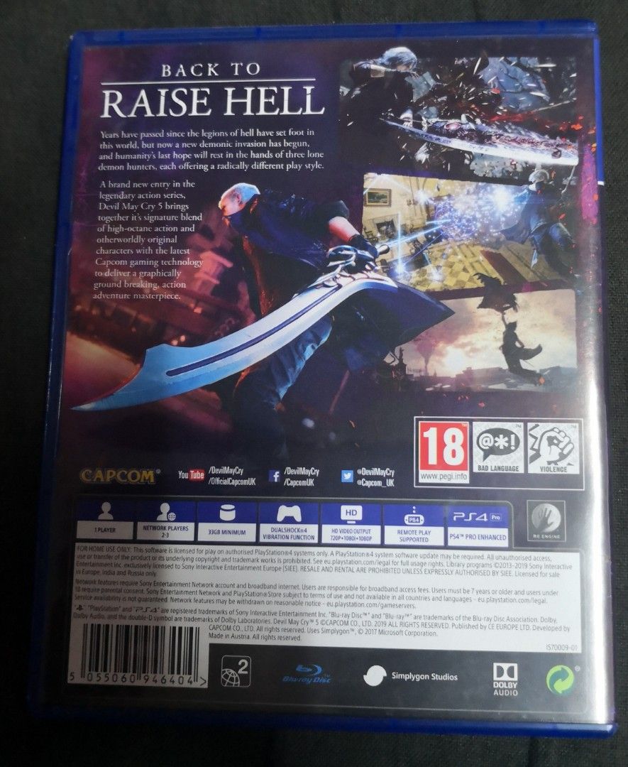 Devil May Cry 5 - PS4 (Category: PlayStation) located in Melaka Tengah. Submitted by cendrucker (Listing ID 1406085321, Image 2). Description: Devil May Cry 5 for PlayStation 4. Features high-octane action and dynamic characters with the latest Capcom gaming technology. Experience a brand new story in the legendary action series. Join the demon hunters in a signature blend of high-octane action and dynamic characters. Back to raise hell!.