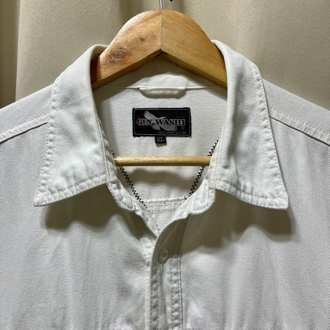 GIN WASHI White Long Sleeve Jacket (Category: Coats, Jackets and Outerwear) located in Bulacan. Submitted by ishrm (Listing ID 1405919928, Image 3). Description: EL/Extra Large on Tag Issue: has washable yellow stain on the collar, and a few small stains L - 32in W - 29in Shoulder - 24in Sleeves - 24in MOD: J&T only MOP: GCash.