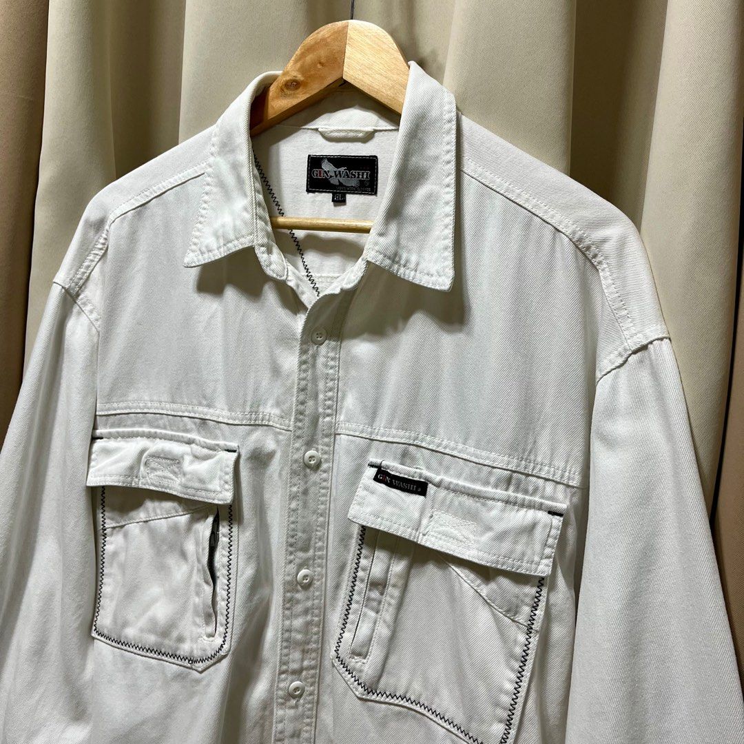 GIN WASHI White Long Sleeve Jacket (Category: Coats, Jackets and Outerwear) located in Bulacan. Submitted by ishrm (Listing ID 1405919928, Image 2). Description: EL/Extra Large on Tag Issue: has washable yellow stain on the collar, and a few small stains L - 32in W - 29in Shoulder - 24in Sleeves - 24in MOD: J&T only MOP: GCash.