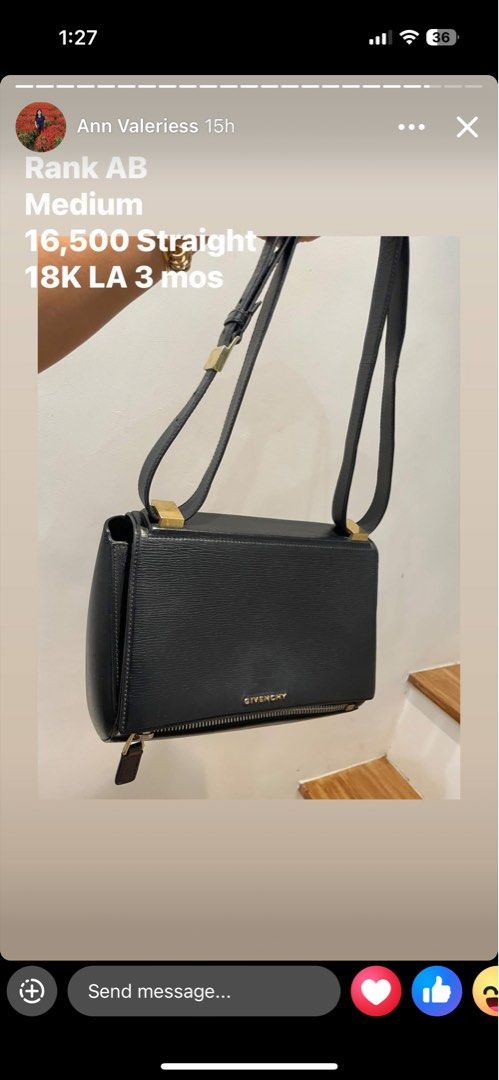 Givenchy Medium Pandora Crossbody Bag – Rank AB (Category: Luxury Bags & Wallets) located in Manila. Submitted by mchuam (Listing ID 1405930073, Image 1). Description: Givenchy Medium Crossbody Bag – Rank AB 📍 Authentic | Gently Used 📸 Actual photo uploaded Price: ₱16,500 (Straight) Last Appraisal: 18k (3 months ago) Condition: Rank AB – minimal signs of use, well-kept Color: Black Details: • Medium size (spacious but still sleek) • Adjustable 