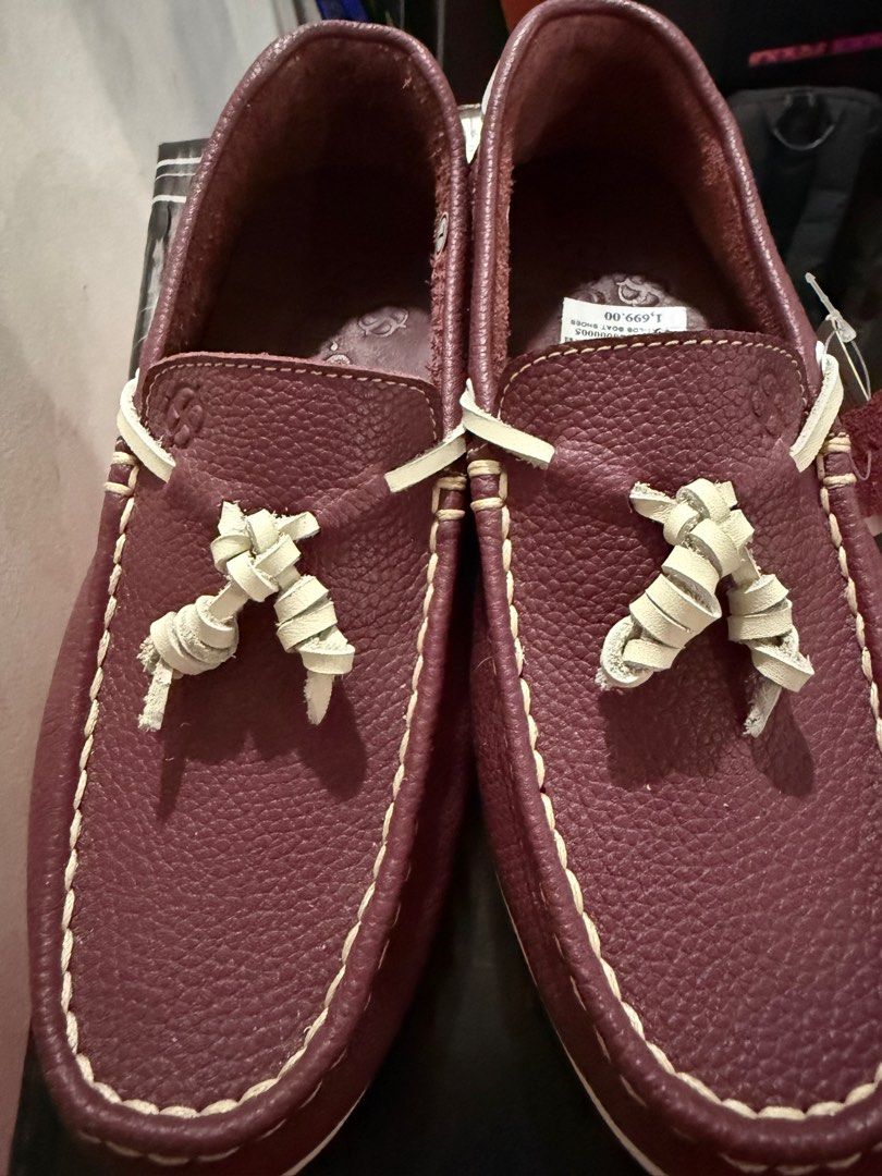 Leather Shoes - Maroon (Category: Loafers) located in Manila. Submitted by pickstuff (Listing ID 1405909050, Image 1). Description: - Maroon Seers Leather boat shoes - Size 7 - High quality leather - Unworn condition - White stitching and leather laces - Includes original box and tags - Original price tag attached .
