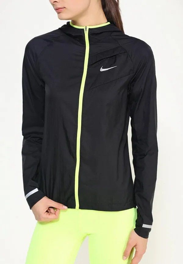 Nike Running Jacket Black (Category: Coats, Jackets and Outerwear) located in Taguig. Submitted by surefyr (Listing ID 1405944688, Image 3). Description: Womens medium 17width 24 length - Black Nike running jacket - Neon yellow zipper and trim - Hooded - Reflective details on sleeves - Nike logo on chest - Designed for running and outdoor activities - Streamlined design.