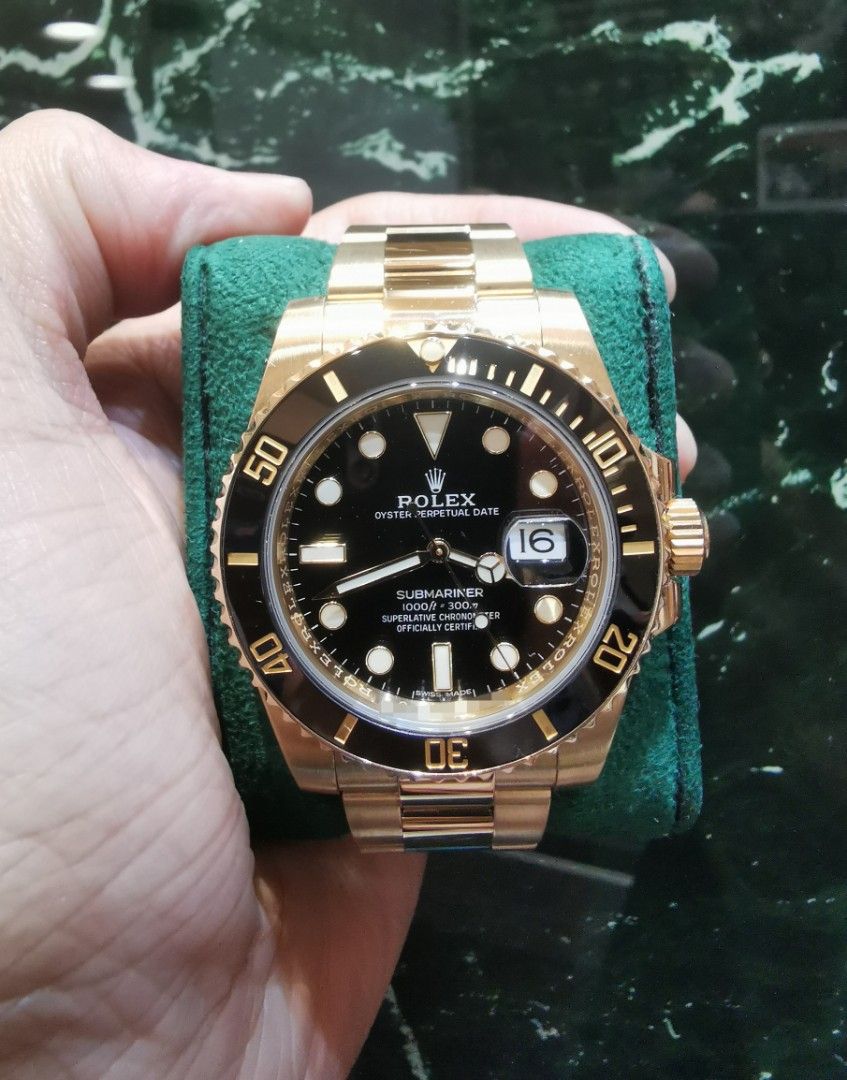 Rolex Submariner 40 full yellow gold black dial ceramic 116618ln (Category: Watches) located in Singapore. Submitted by hengwatch (Listing ID 1405953250, Image 1). Description: Rolex Submariner 40 full yellow gold black dial ceramic Model number 116618ln Very Mint condition First owner watch, with purchase invoice bought new Comes with box and cert dated Jan 2018 With white hang tag with matching serial number Selling for $38900 Subscribe to our 