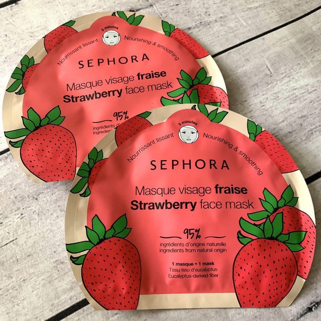 Sephora Strawberry Face Mask (Category: Face Care) located in Quezon City. Submitted by bitsnbobs21 (Listing ID 1406089440, Image 1). Description: - Sephora Strawberry Face Mask - Nourishes and smooths skin - Contains 95% ingredients from natural origin - Each pack contains 1 mask - Made with eucalyptus-derived fiber - 2 available - 99 each.