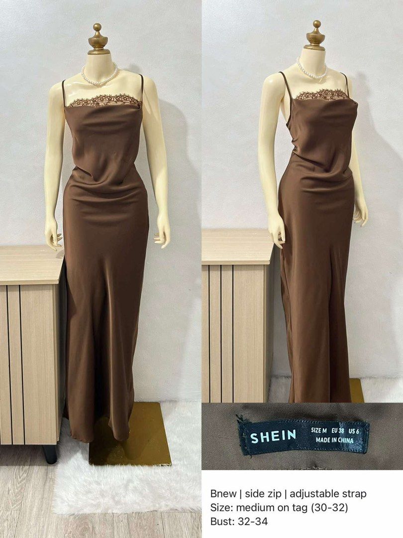 SHEIN Brown Slip Dress with Lace Detail (Category: Dresses) located in Taguig. Submitted by ar4348 (Listing ID 1406060708, Image 1). Description: - SHEIN brown slip dress - Size: Medium (fits bust 32-34) - Features: Lace neckline, adjustable straps, side zip sobrang nice pero hindi siya for me 🥹 .