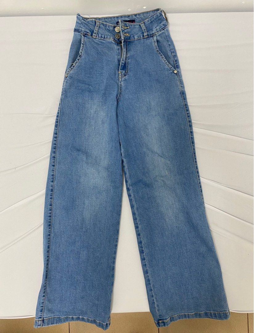 Size 22 Crissa Wide Leg Jeans (Category: Jeans) located in Bacoor. Submitted by rainfinds (Listing ID 1406024575, Image 1). Description: - Light blue wide leg jeans - Waist: 22 inches (fabric is stretchy) - Length: 37 inches - Double button closure - Two front pockets - High-waisted.