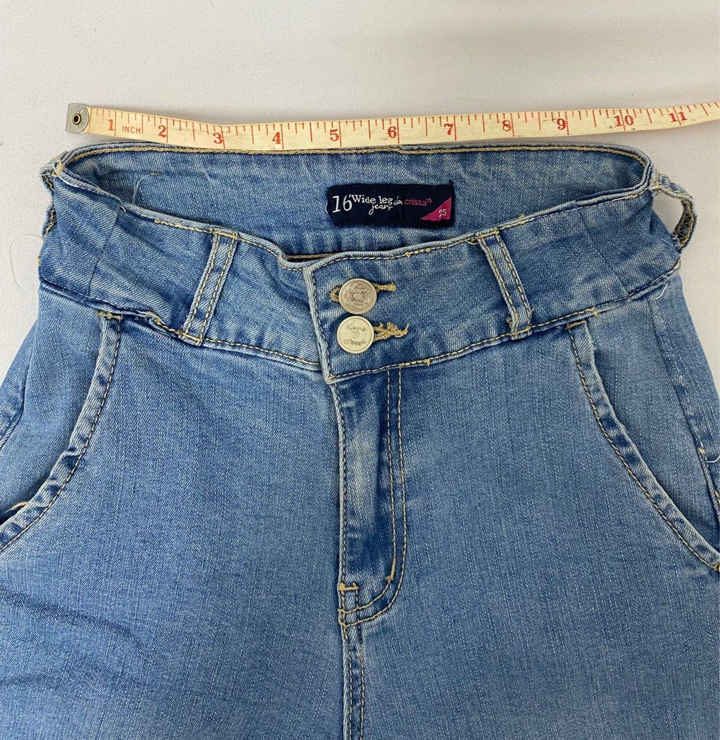 Size 22 Crissa Wide Leg Jeans (Category: Jeans) located in Bacoor. Submitted by rainfinds (Listing ID 1406024575, Image 3). Description: - Light blue wide leg jeans - Waist: 22 inches (fabric is stretchy) - Length: 37 inches - Double button closure - Two front pockets - High-waisted.