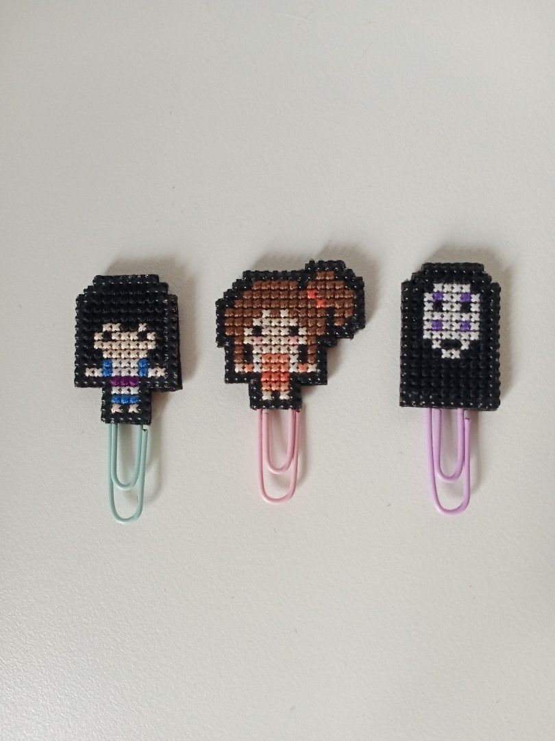 Spirited Away Paper Clip Bookmarks (Category: Handmade Craft) located in Imus. Submitted by t0t3fairi3 (Listing ID 1405939905, Image 1). Description: Set of 3 handmade cross stitch paper clips featuring Spirited Away characters. Includes Chihiro, Haku and Kaonashi. Perfect for marking books, organizing notes, documents or as gifts for Studio Ghibli fans..