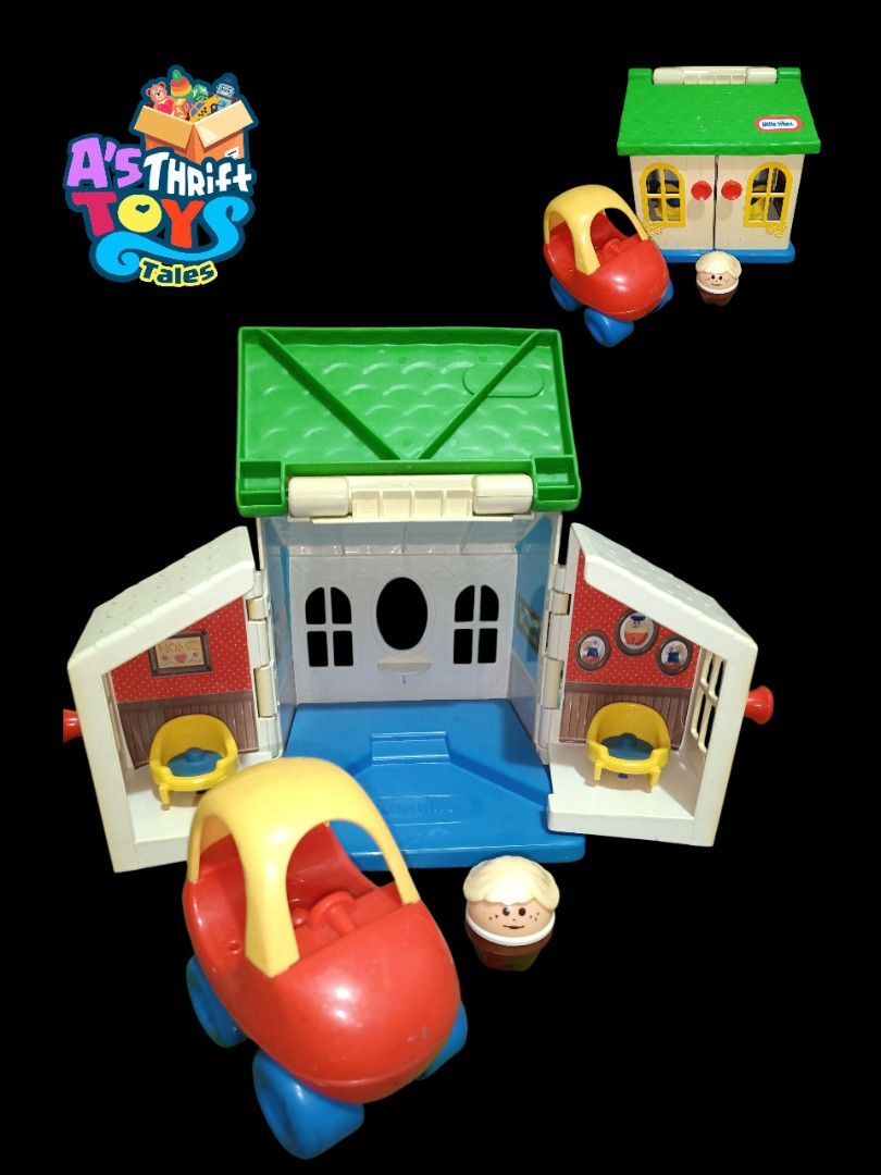 Vintage little tikes toddle tots (Category: Kids Toys) located in Iligan City. Submitted by shehabdor98515 (Listing ID 1406014837, Image 1). Description: - Little Tikes Playhouse set - Features: - Green roof - Blue floor - Two yellow chairs - Picture-decorated walls - Includes: - Red and yellow car with blue wheels - Brown and white figure.