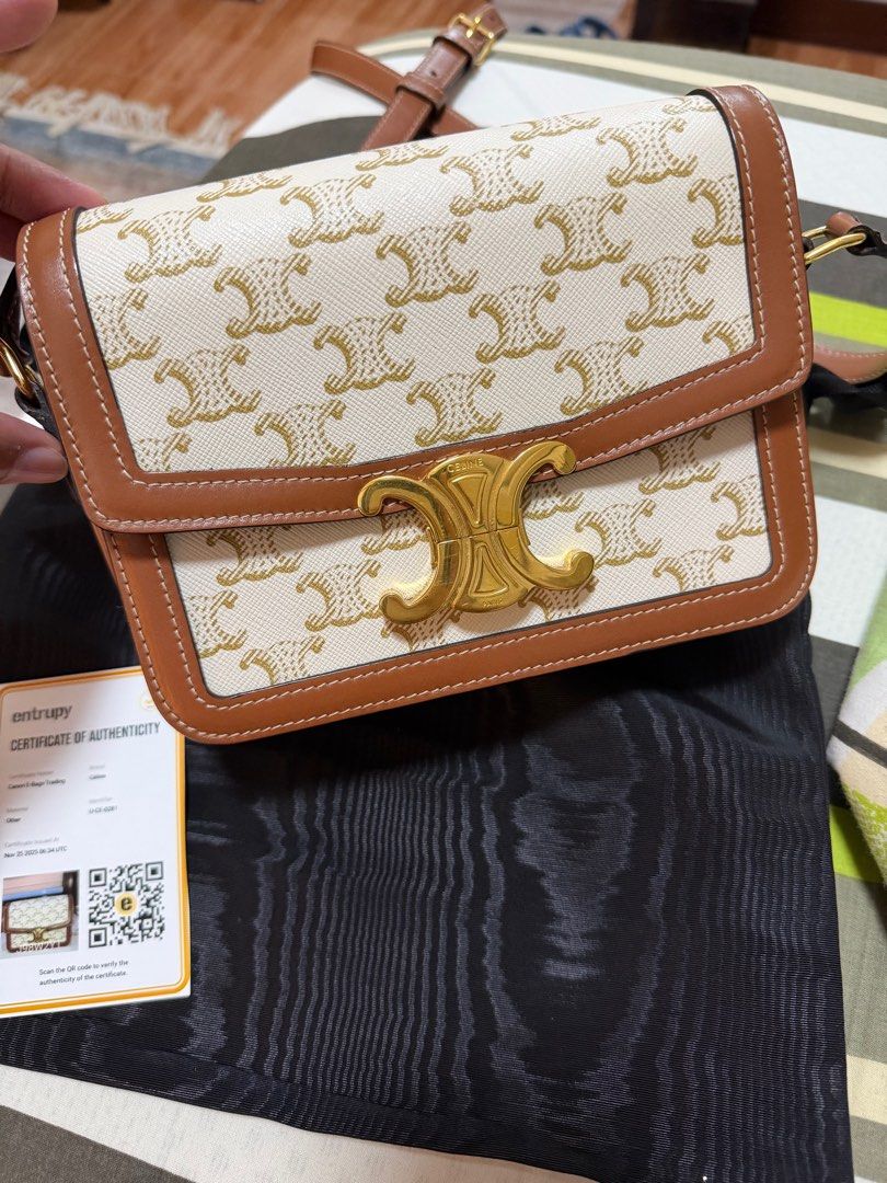 Celine Teen Triomphe Shoulder Bag (Category: Luxury Bags & Wallets) located in Quezon City. Submitted by yesha1809 (Listing ID 1406194180, Image 3). Description: -Authentic Celine Teen Triomphe Bag Canvas and Calfskin White - With dustbag -With verifiable Entrupy Certificate from Canonebags.prime -Brand new price: 235K you can check it online .
