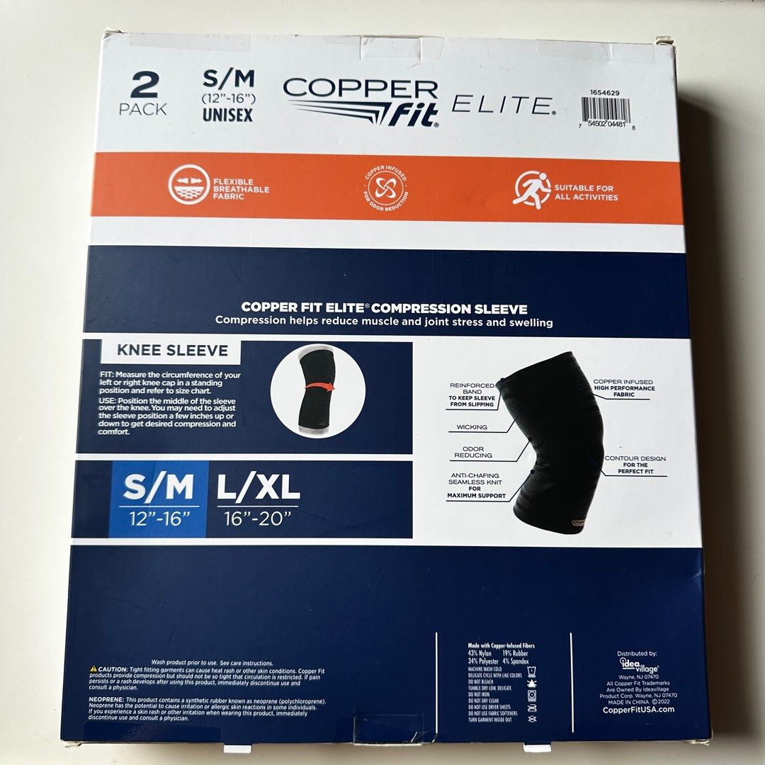 COPPER FIT ELITE Compression Knee Sleeve 2pk (S/M, 12”-16”), Sports ...