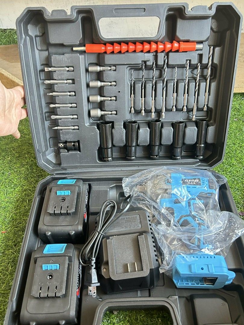 Flyman 98v Cordless Drill Set (Category: Construction Tools & Equipment) located in Pasay City. Submitted by tanyasy2729 (Listing ID 1406139719, Image 2). Description: Flyman 98v cordless drill set includes the drill, two batteries, a charger, and a variety of drill bits and attachments. It comes in a sturdy carrying case for easy storage and transport. Perfect for various DIY projects and home repairs. brand-new loc: cavite lalamove or jnt pwede