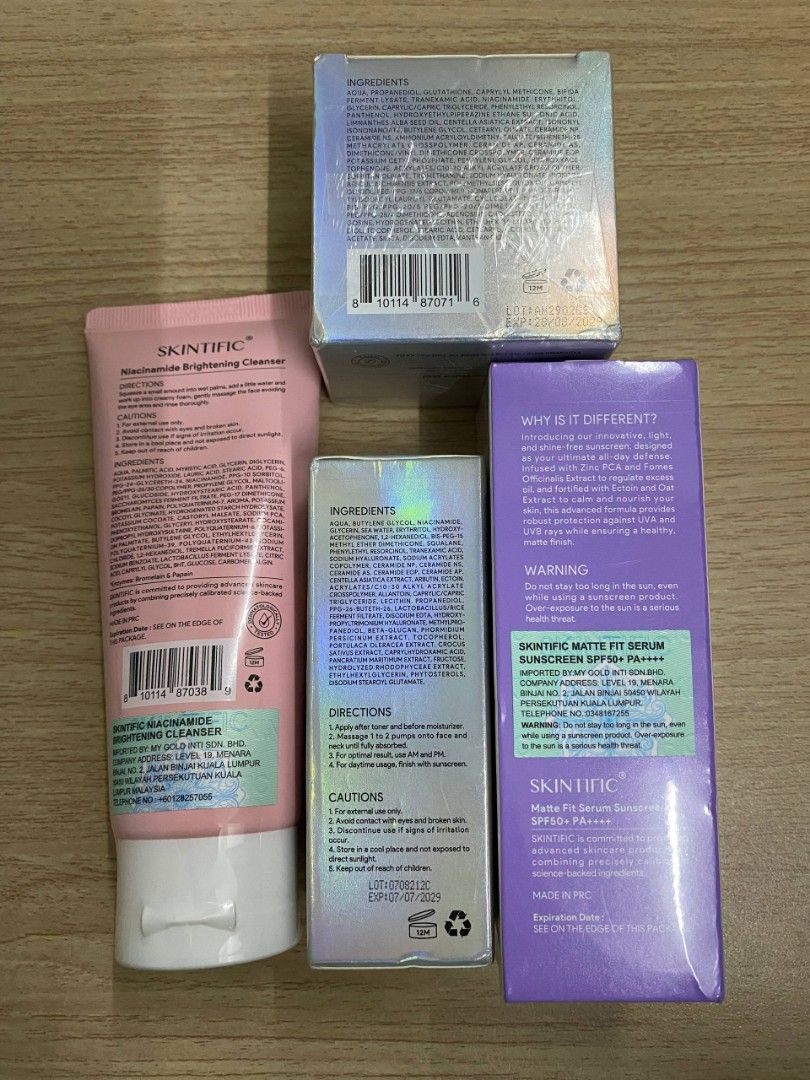 FREE SHIPPING| NEW SKINTIFIC 4PCS Sunblock Set SPF 50+ PA++++-Cleanser,Serum,Cream&Sunscreen Skincare | Fades Spots & Brightens (Category: Face Care) located in Johor Bahru. Submitted by timeless.picks (Listing ID 1406223197, Image 2). Description: BRAND NEW AND SEALED 🌸 Gentle for Spot-Prone Skin Benefit: Fades dark spots in 14 days Routine: 1️⃣ Brightening Cleanser 2️⃣ 377 Serum 3️⃣ 377 Cream 4️⃣ Matte Sunscreen RM80 FREE POSTAGE!.