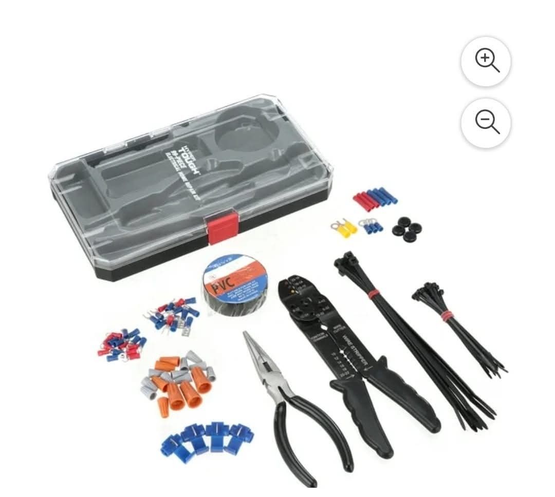 Hyper Tough 99-Piece Electrical Home Repair Kit (Category: Construction Tools & Equipment) located in Baguio. Submitted by itsdesireeeee (Listing ID 1406258128, Image 1). Description: - Hyper Tough Electrical Home Repair Kit Hypertough 🛠️🔧 99-piece electrical home repair kit Check photos for components Brandnew, well-sealed, shipped from USA ₱800 - Includes: - Wire Stripper - Pliers - Wire Connectors - Cable Ties - Electrical Tape - Ideal for v