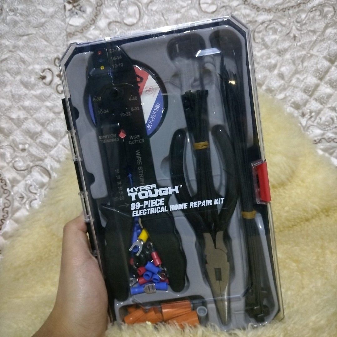 Hyper Tough 99-Piece Electrical Home Repair Kit (Category: Construction Tools & Equipment) located in Baguio. Submitted by itsdesireeeee (Listing ID 1406258128, Image 2). Description: - Hyper Tough Electrical Home Repair Kit Hypertough 🛠️🔧 99-piece electrical home repair kit Check photos for components Brandnew, well-sealed, shipped from USA ₱800 - Includes: - Wire Stripper - Pliers - Wire Connectors - Cable Ties - Electrical Tape - Ideal for v