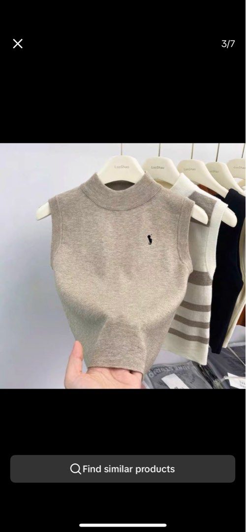 Mock Neck Sleeveless Sweater in Beige (Category: Sleeveless) located in Manila. Submitted by steff_33 (Listing ID 1406264060, Image 1). Description: - Sleeveless sweater - Mock neck design - Light beige color - Small logo on chest - Knit material - Never used.