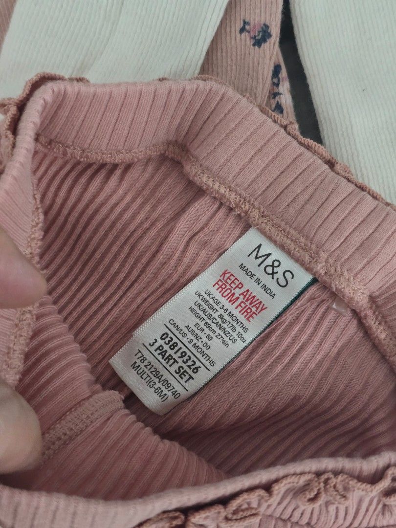 M&S 3-Part Set (6-9 Months) (Category: Babies & Kids Fashion) located in Navotas City. Submitted by declutteringwithkc (Listing ID 1406256897, Image 3). Description: - M&S 3-piece baby set - Size: 6-9 months - Includes: - Pink floral long-sleeved top - White top with mouse graphic - Navy blue top - Matching pink and white pants (lightly pink in color) - Pink top has button closure at the back. Originally bought the tops and bottoms separately. .
