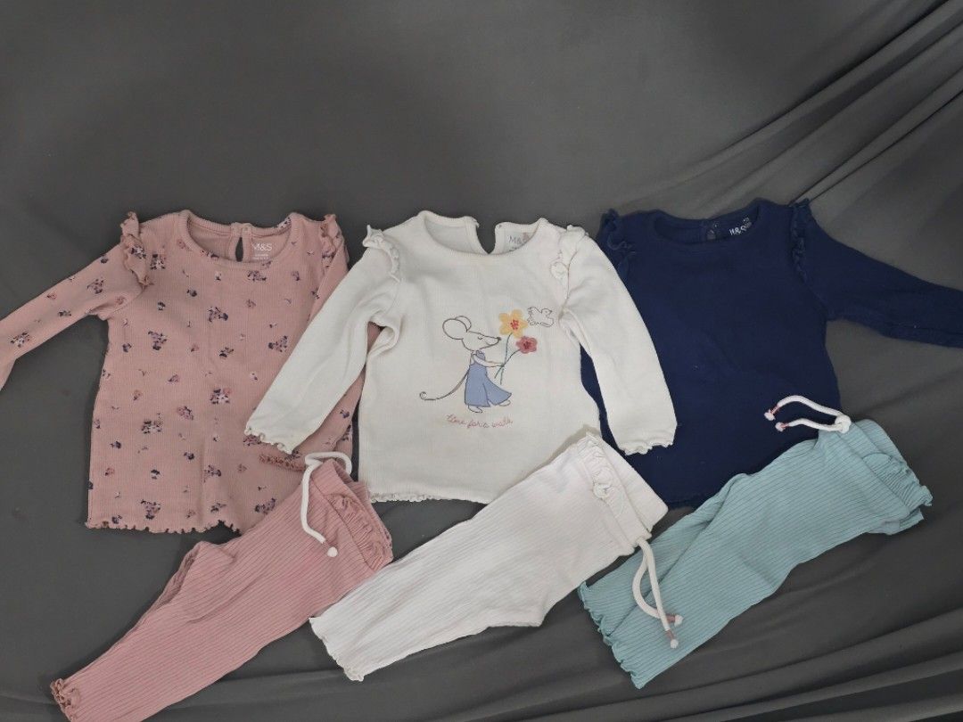 M&S 3-Part Set (6-9 Months) (Category: Babies & Kids Fashion) located in Navotas City. Submitted by declutteringwithkc (Listing ID 1406256897, Image 1). Description: - M&S 3-piece baby set - Size: 6-9 months - Includes: - Pink floral long-sleeved top - White top with mouse graphic - Navy blue top - Matching pink and white pants (lightly pink in color) - Pink top has button closure at the back. Originally bought the tops and bottoms separately. .