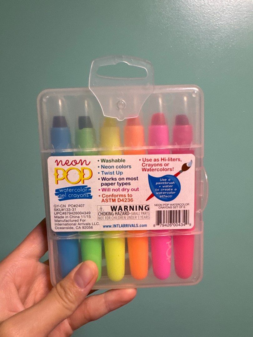 Neon Pop Watercolor Gel Crayons Set (Category: Craft Supplies & Tools) located in Quezon City. Submitted by hanap_kayu (Listing ID 1406220587, Image 2). Description: Set includes six vibrant Neon Pop watercolor gel crayons. They are washable, twist up, and work on most paper types. The crayons can be used as highlighters, crayons, or watercolors. The set is in its original packaging..