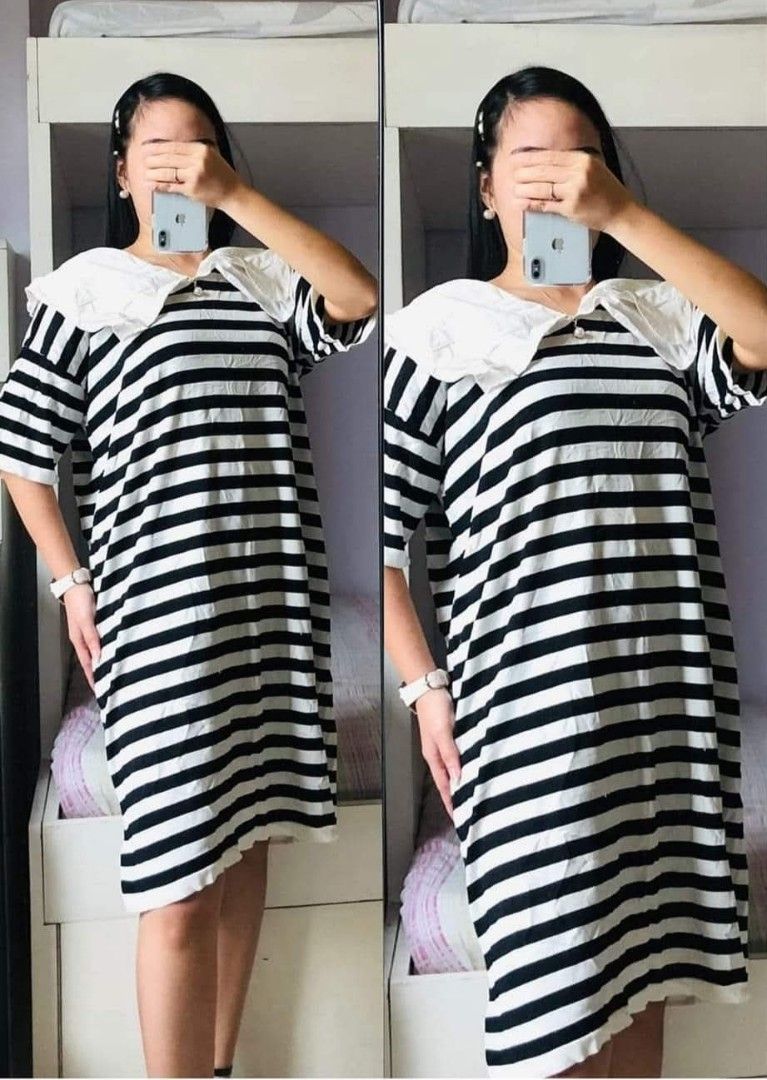 Striped Dress with Peter Pan Collar (Category: Dresses) located in Manila. Submitted by kpoptions.ph (Listing ID 1406119071, Image 1). Description: - Black and white striped dress - Features a white Peter Pan collar - Short sleeves - Knee-length - Relaxed fit - Ideal for casual wear - Large to XL.