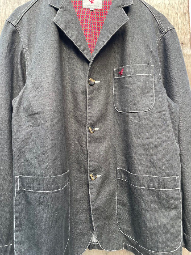 Vintage Flying Scotsman Chore Jacket (Category: Coats, Jackets and Outerwear) located in Bislig. Submitted by rndm_stff1 (Listing ID 1406205040, Image 2). Description: - Vintage Flying Scotsman Chore Jacket - Size: L Width 22.5 Length 28 Sleeve length 31 -Missing 1 button but no worry because we have extra button at tags - Color: Dark gray denim - Lining: Red plaid - Design: Classic chore jacket style - Features: Multiple pockets, button closures