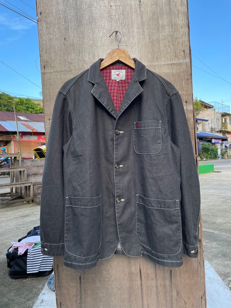 Vintage Flying Scotsman Chore Jacket (Category: Coats, Jackets and Outerwear) located in Bislig. Submitted by rndm_stff1 (Listing ID 1406205040, Image 1). Description: - Vintage Flying Scotsman Chore Jacket - Size: L Width 22.5 Length 28 Sleeve length 31 -Missing 1 button but no worry because we have extra button at tags - Color: Dark gray denim - Lining: Red plaid - Design: Classic chore jacket style - Features: Multiple pockets, button closures
