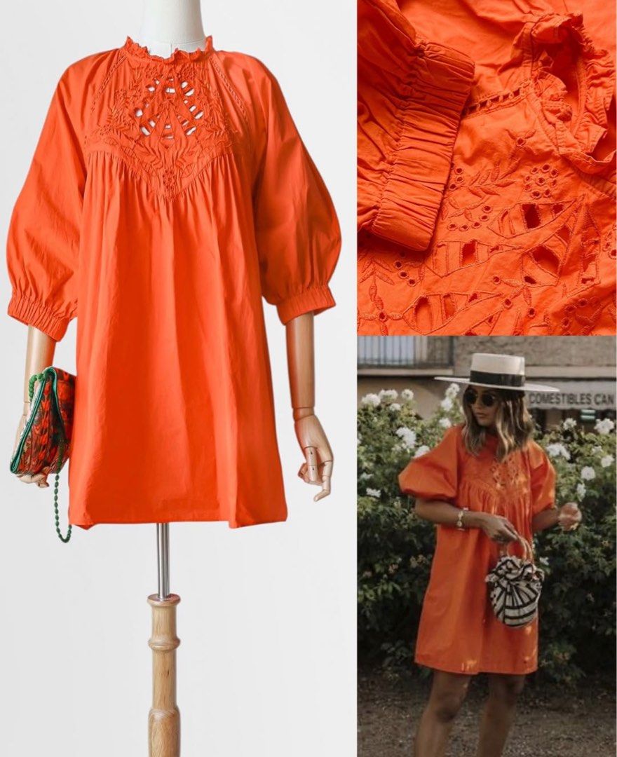 Zara Orange Embroidered Mini Dress (Category: Dresses) located in Manila. Submitted by ecor1998 (Listing ID 1406218761, Image 1). Description: Zara (cut label) Bust: 36” Length: 32” - Bright orange mini dress - Embroidered neckline - Short, puffy sleeves - Relaxed fit - High neckline - Slightly flared shape - Lightweight fabric - Great for casual or summer events.