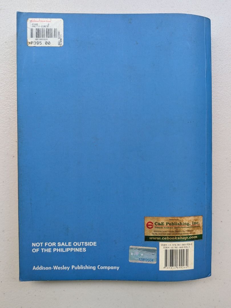 Analytic Geometry 7th Ed. Textbook (Category: Textbooks) located in Quezon City. Submitted by geloboy10 (Listing ID 1406354718, Image 2). Description: The product is sold AS IS Copy of Analytic Geometry, 7th Edition, by Gordon Fuller and Dalton Tarwater. It is published by Addison-Wesley Publishing Company. The book has a blue cover with white text and diagrams. The back of the book has a price tag of 395.00 and a sticker that says "Not for sale 
