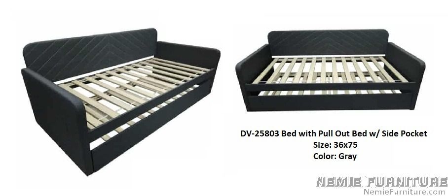 DV25803 single day bed with pull out and side pocket (Category: Bed Frames & Mattresses) located in Quezon City. Submitted by nemiefurniture (Listing ID 1406363485, Image 1). Description: - Features a pull-out bed - Includes a side pocket - Color: Gray - Size: 36x75 - Stylish design with a quilted headboard - Perfect for maximizing space and extra sleeping options.