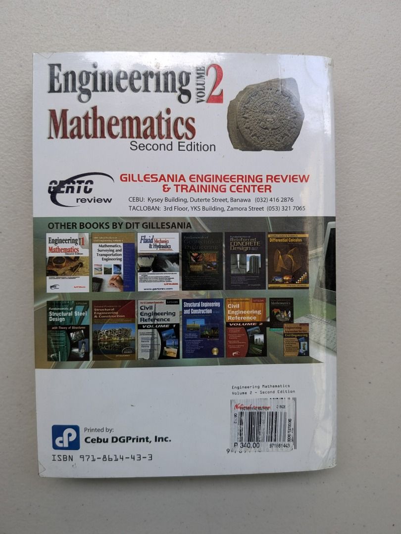 Engineering Mathematics Volume 2 Second Edition (Category: Textbooks) located in Quezon City. Submitted by geloboy10 (Listing ID 1406353434, Image 2). Description: The product is sold AS IS - Engineering Mathematics Volume 2, 2nd Edition - By DIT Gillesania - Topics covered: - Differential Calculus - Integral Calculus - Differential Equation - Engineering Mechanics - Strength of Materials - Fluid Mechanics - Engineering Economics - Published by G