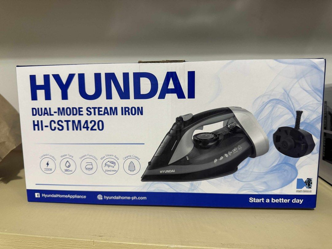 Huundai steam iron (plantsa) (Category: Other Home Appliances) located in Quezon City. Submitted by polety (Listing ID 1406405900, Image 1). Description: Hyundai Dual-Mode Steam Iron (-CSTM420). Features: 2200W, 380ml water tank, steam function. Ceramic coated..